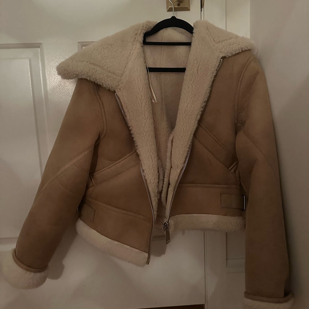 Mango Faux Shearling Aviator Moto Jacket Tan Cream